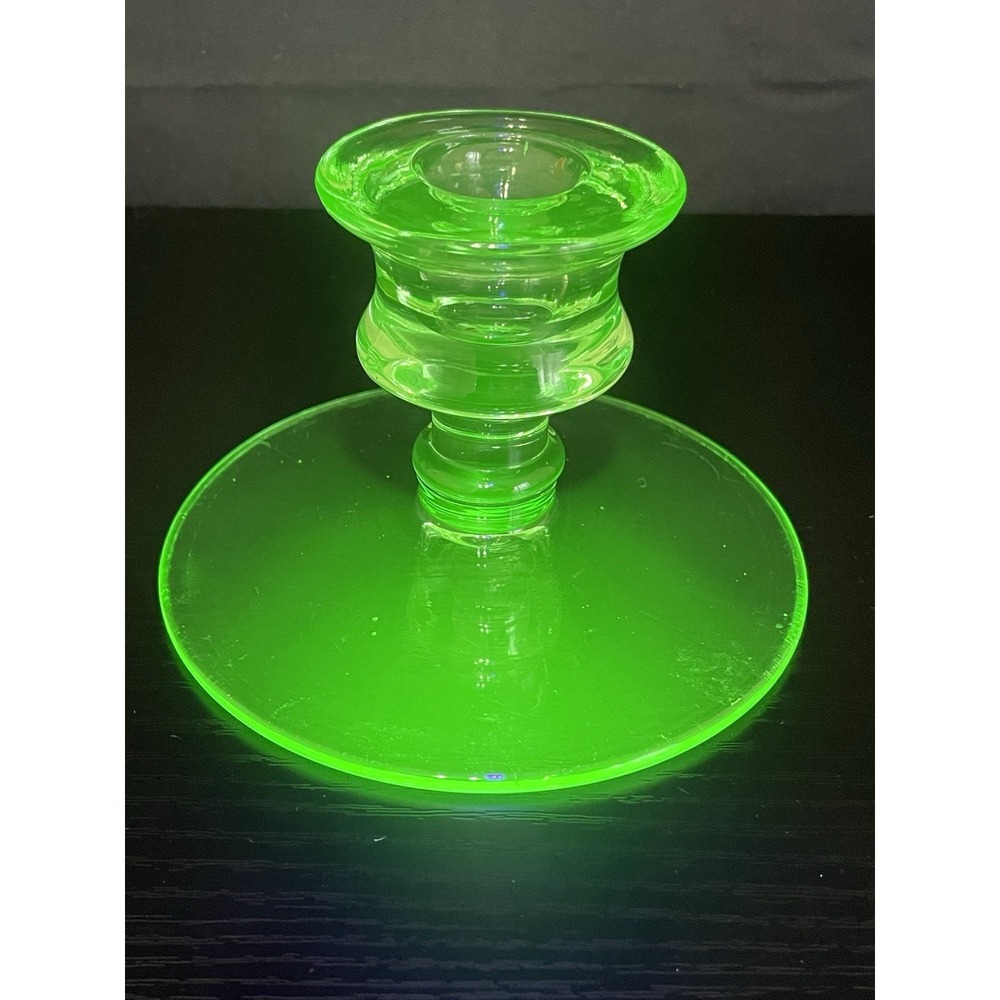 Vintage Uranium Glass Candlestick Holder 3" Glows Under UV Green Depression